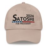 Satoshi For President 2024 (Black Embroidery) Bitcoin Dad Hat - Image 2